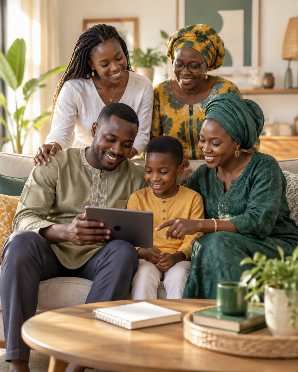 Une famille sénégalaise réunie à la maison, détendue et souriante autour d’une tablette